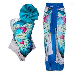 Women's Swimwear 2024One Shoulder Ruffle Butterfly Print Swimsuit Set And Sarong Women Beachwear Luxury Bathing Suit