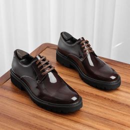 Dress Shoes Men's Laces Patent Leather Bright Color Round Head English Style Genuine Handmade