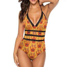 Women's Swimwear Cute Orange Monster Is Funny Too Sexy Mesh Patchwork One-Piece Swimsuit Female Monokini Bathing Suit