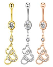 Dangle Heart Body Piercing Jewelry Threr Hearts Pendant Belly Button Rings Zircon Navel Barbell with Flowers1269462