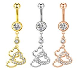 Dangle Heart Body Piercing Jewellery Threr Hearts Pendant Belly Button Rings Zircon Navel Barbell with Flowers6193078
