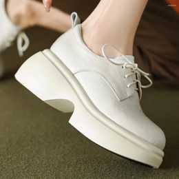 Casual Shoes Women's Cow Leather Thick Sole Platform Flats Sneakers Round Toe Leisure Soft Comfortable Female Height Increasing Woman