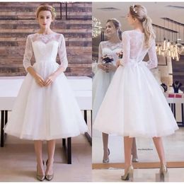 Beach Knee Length Lace Tulle Wedding Dresses Vintage Sheer 3/4 Sleeves Appliques With Bow Sash Bohemian Bridal Gowns Cheap Mm38 0510