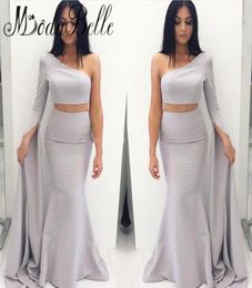 Cheap Two Pieces Sexy Evening Dresses One Shoulder Long Sleeves Plus Size Formal Prom Party Gowns Custom Made3485920