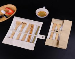 Wooden Dinnerware Set Bamboo Teaspoon Fork Soup Knife Catering Cutlery Sets with Cloth Bag Kitchen Cooking Tools Utensil1497183