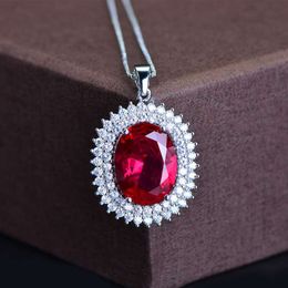 Romantic Oval 4ct Ruby cz Pendant Real 925 Sterling Silver Party Wedding Pendants Chain Necklace For Women Bridal Charm Jewellery