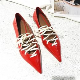 Casual Shoes Fornihapfirafs Ladies Black Red Leather Cross-tied Street Style Women Flats Pointed Toe Strappy Shallow Woman