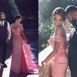 Unique Off Shoulder Pink Prom Lace Applique Gowns Formal Party Dress Arabic Dubai Evening Dresses Robe De Soiree Arabian 0510