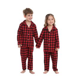 Pyjamas 2-Piece Cotton Pyjama Set Kids Boys Girls Plaid Pattern Christmas Loungewear Kids Cotton Pyjamas Set Plaid T240509