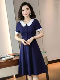 Party Dresses Blue Office Professional A-line Women's Formal Patchwork Midi Dress Summer Black Gray Short Sleeve Elegant Festival Button