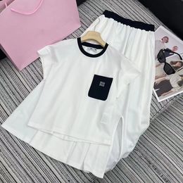 2 piece set women Summer new fashion miumm Embroidered letter pocket design round neck short sleeved top half length skirt set