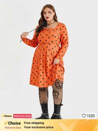 Plus size Dresses Plus Sized Clothing Hallown Printed Dress Square Neck With Pocket Women Party Night Long Slve Kn Length Casual Dress Girl Y240510