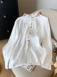 Women's Blouses 2024 Spring Chinese Style Button White Embroidered Shirt Women Elegant Long Sleeves Blouse Vintage Fashion Cardigan Tops