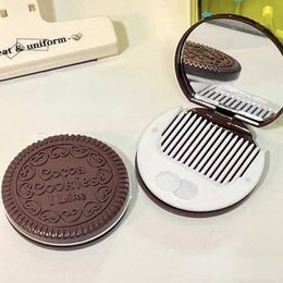 Compact Mirrors Chocolate Biscuit Circular Folding Makeup Mirror Ins Kawai Outer Pocket Womens Coco with Comb Black Coffee Q240509