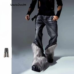 Fur Patchwork Jeans hip hop Cargo Pants Women Y2k Mens Jeans Distressed Drop 240509