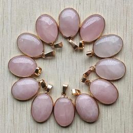 Pendant Necklaces Fashion Good Quality Natural Pink Quartz Stone Gold Colour Oval Shape Pendants For Jewellery Making Wholesale 12pcs