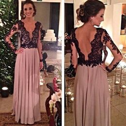 Robe De Soire Arabic Evening Dresses Black Lace Sheer Long Sleeve Celebrity Party Dresses Chiffon Plunging Neckline Backless Prom Dress 2654