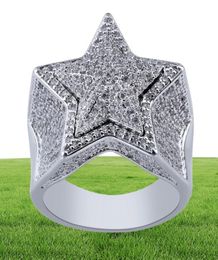 Bling Bling Men039s Zircon Star Ring Gold Silver Copper Material Iced Full CZ Fivepointed Star Rings Fashion Hip Hop Jewellery S9186218