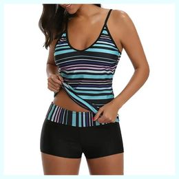 Womens Plus Size Layered Ruffle Swimsuits With Boyshort Two Piece Flounce Bathing Suit Stylish Striped Design Lovely Ladies 240509