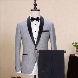 Men's Grey Groom Tuxedo Black Shawl Lapel Jacket Wedding Suits Custom Made Wedding Tuxedos Suit Jacket Pants 3176