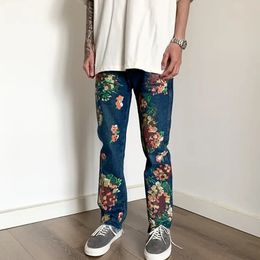 Y2K Fashion Flowers Print Slim Hip Hop Jeans Pants For Men Clothing Skateboard Streetwear Rock Denim Trousers 240509