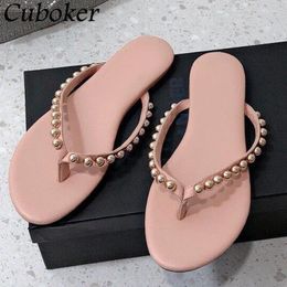 Slippers Flip Flops Women Leather Slides String Bead Decor Female Flat Causal Summer Vacation Beach Shoes