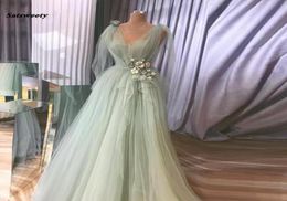 Pretty Mint Green 3D Flower Evening Dresses Vneck Ruffles Aline Prom Gowns Vneck Lace Up Plus Size Party Dress Abendkleider2463209
