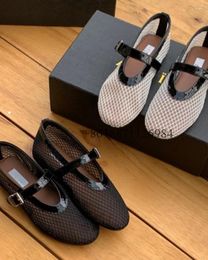 Casual Shoes Black And White Mesh Round Toe Flat Women Pumps Leisure Style Buckle Strap Design Genuine Leather Upper Ballet Flats