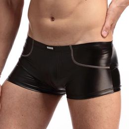 Underpants Sexy Mens Imitation Leather Underwear Boxers Shorts Men U Convex Low Waist Male