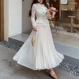 Casual Dresses Beaded Lace Midi White Dress For Women Fall Winter Clothes Long Sleeve Single Breasted Top Pleated Chiffon Female