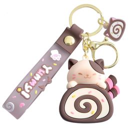Cute Cat Cake Roll Key Chain Kawaii Kitty Keyring Doll Schoolbag Pendant Accessories 240425