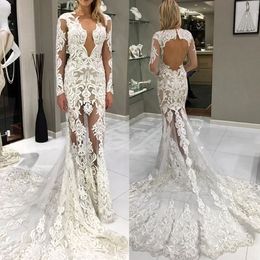 Mermaid Lace Illusion Berta Wedding Dresses Long Sleeves Sheer V Neck Bridal Dresses Sexy Backless Wedding Gowns 283y