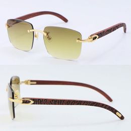 Wholesale High quality Metal Rimless Large Square Sunglasses Carved Wood Unisex Decor Wooden Frame C Decoration 18K Gold Brown Sun Glas 2984