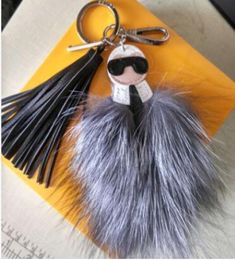 luxury logo y Karl Genuine Raccoon Fur Pompom Bag Bugs Charm Keychain Plush Key Ring Leather Tassel Pompom8050551