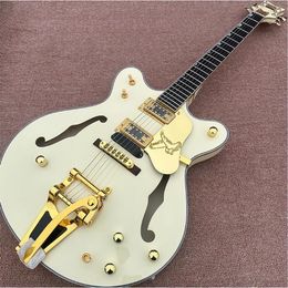 Milk-White Hollow Body Jazz Electric Guitar, Rosewood Fingerboard, Gold Hardware, Tremolo Bridge, Free Shipping