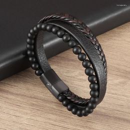 Strand Classic Natural Volcanic Stone Beads Multi-Layer Hand-Woven Leather Bracelet Men's Personalised Business Jewellery Gift
