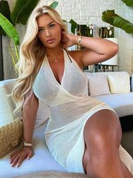 Basic Casual Dresses Taruxy Summer Beach Dress Women V-Neck Backless Split Sexy Long Dress White Slveless S Through Party Vestidos 2022 Y240509