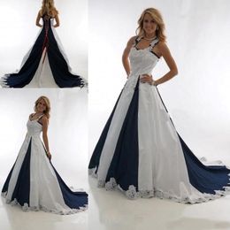Vintage Navy Blue and White Country Wedding Dresses Halter Lace-up Lace Stain Western Cowgirls Dresses Plus Size Wedding Gowns 201e