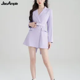 Casual Dresses 2024 Spring Autumn Women Slim Mini Suit Dress Korean Office Lady Graceful Purple Bowknot Notched Work Clothing Female
