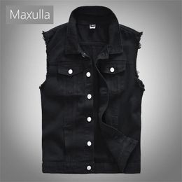 Maxulla Mens Denim Vest Sleeveless Jackets Cotton Retro Ripped Slim fit Distressed Jean Vests Fashion Hip Hop Vest Men Clothing 240509