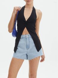 Women's Tanks Women Flower Halter Tops Slit Hem Backless Shirt Sleeveless Crop Camisole For Streetwear Summer Clothes
