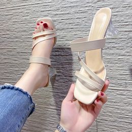 Slippers High-heeled Plus Size Sandals And Women Fashion Square Head One Word With Thick Heels Solid Colour Women's Shoes