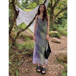 Basic Casual Dresses MEXZT Vintage Tie Dye Print Mesh Dress Women Y2K Sexy Spaghetti Straps Slim A Line Long Dress Gothic Korean Sundress Vestidos Y240509