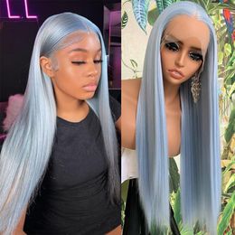 European and American hot selling 13x4 front lace wig sky blue long straight hair free parting natural hairline matte high temperature silk hair cover wholesale