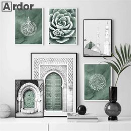 ers Islamic Ayatul Kursi Green Canvas Painting Hassan II Mosque Morocco Poster Wall Art Print Pictures Living Room Home Decoration J0505