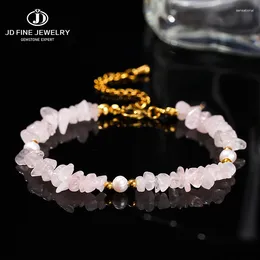 Strand JD Natural Stone Pink Quartz Chip Bead Pearl Design Stainless Steel Bracelet Women Fashion Lucky Energy Adjustable Jewellery Gift