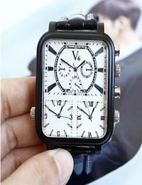 Black Leather White Dial 3 Time Zones Quartz Big Square Face Men039s Wrist Watch Oversize 3 time Dial Square Black Leather Spor8436425