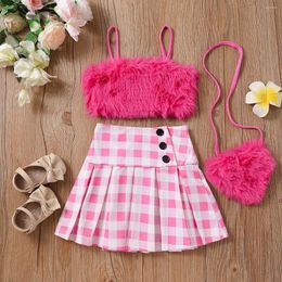 Clothing Sets 2024 Summer Girls Clothes Plush Sleeveless Sling Crop Top Plaid Pleated Skirt Bag Children's Casual