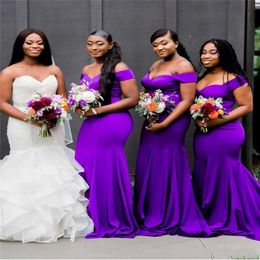 2021 Sexy Purple Mermaid Bridesmaid Dresses Off Shoulder Long Arabic Open Back Sweep Train Plus Size Maid Of Honor Gowns Wedding Guest 280P