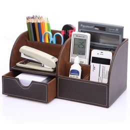 Half PU Leather Office Stationery Desk Organizer 6 Compartments Large Storage Boxes Wooden Pen Holder Pencil Organizer Case